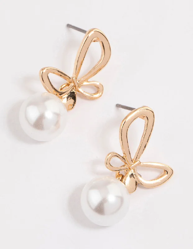 Simple hoop ladies earrings-Gold Butterfly Pearl Drop Earrings