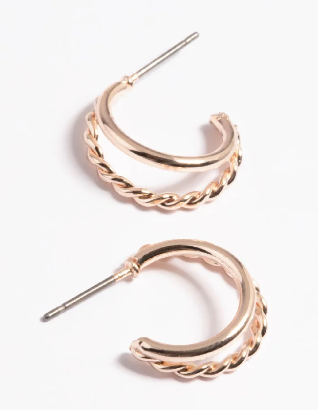 Exclusive designer ladies earrings-Rose Gold Plain & Twist Double Huggie Earrings