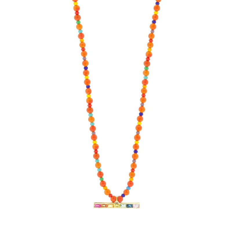 Rose gold ladies necklaces-Rainbow Sapphire Baguette ID Bar on Carnelian Beaded Necklace