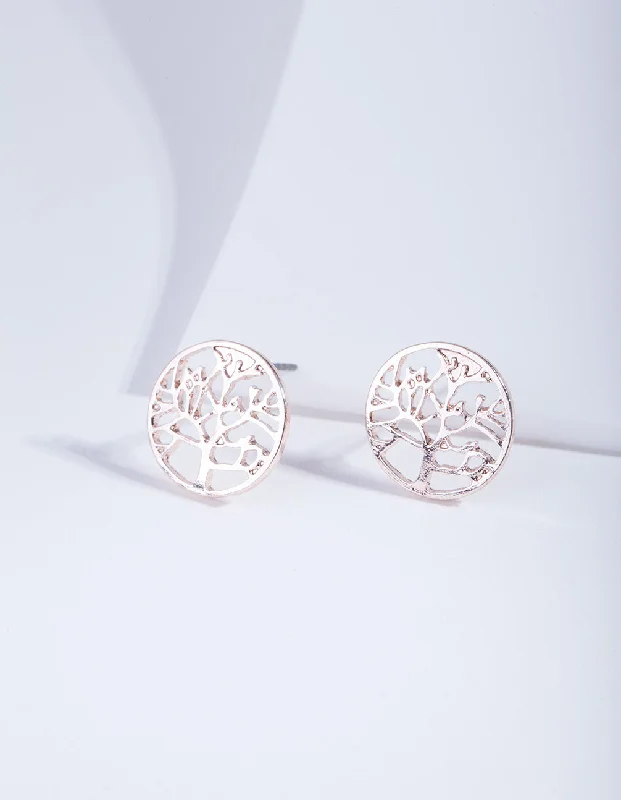 Classic diamond hoop ladies earrings-Rose Gold Tree Of Life Stud Earrings