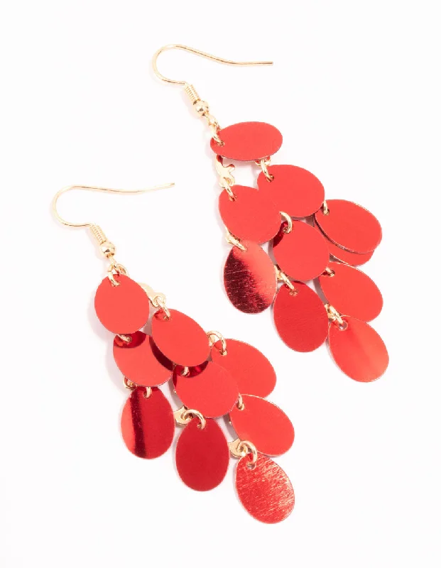 Custom ladies earrings with precious stones-Red Cascading Sequin Gold Drop Earrings