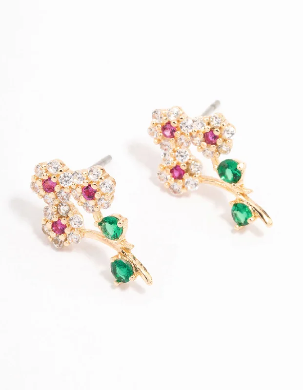 High-end ladies earrings with gemstones-Gold Cubic Zirconia Flower Stud Earrings