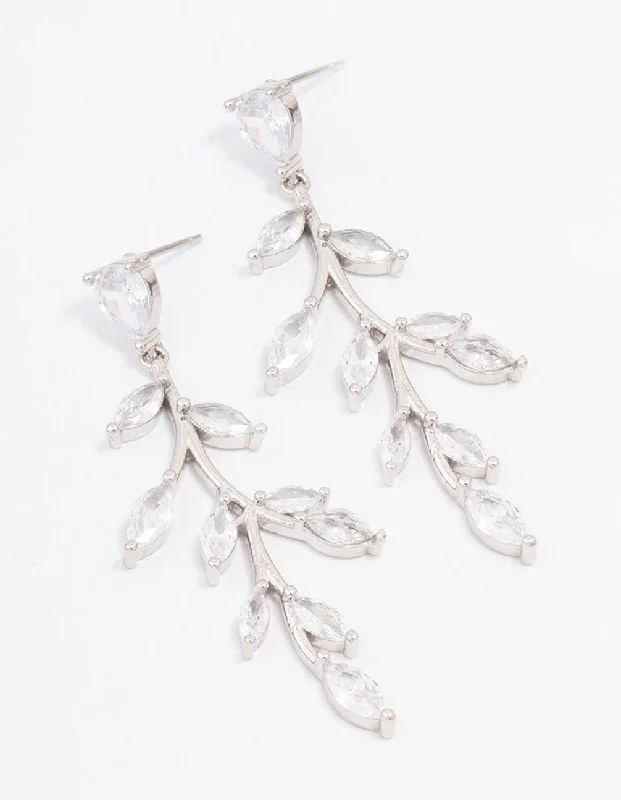 Bridal ladies earrings with diamonds-Silver Cubic Zirconia Leaf Drop Earrings