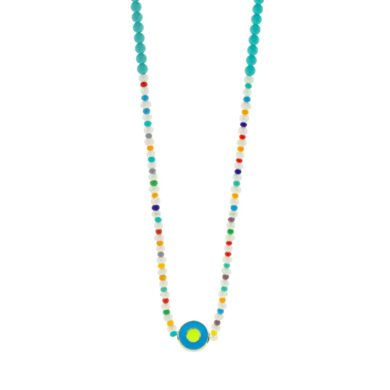 Colorful gemstone ladies necklaces for fashion-Enameled Neon Blue Evil Eye Disk on Beaded Necklace