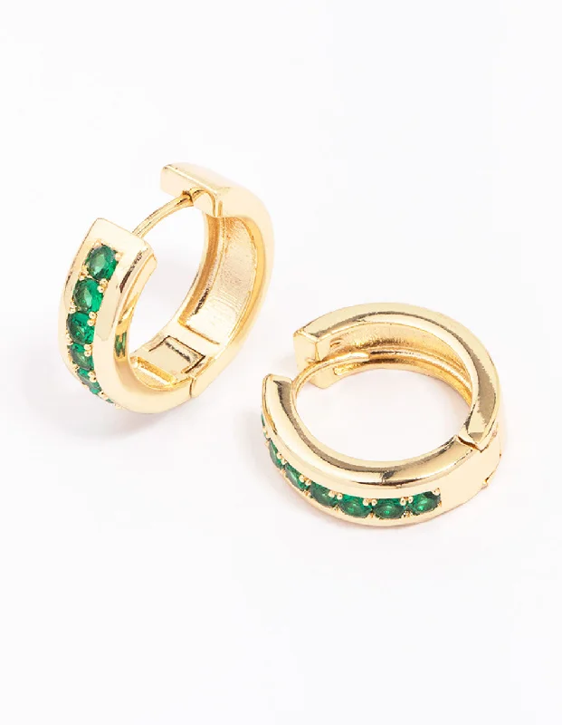 Simple stud ladies earrings-Gold Plated Cubic Zirconia Encased Huggie Hoop Earrings