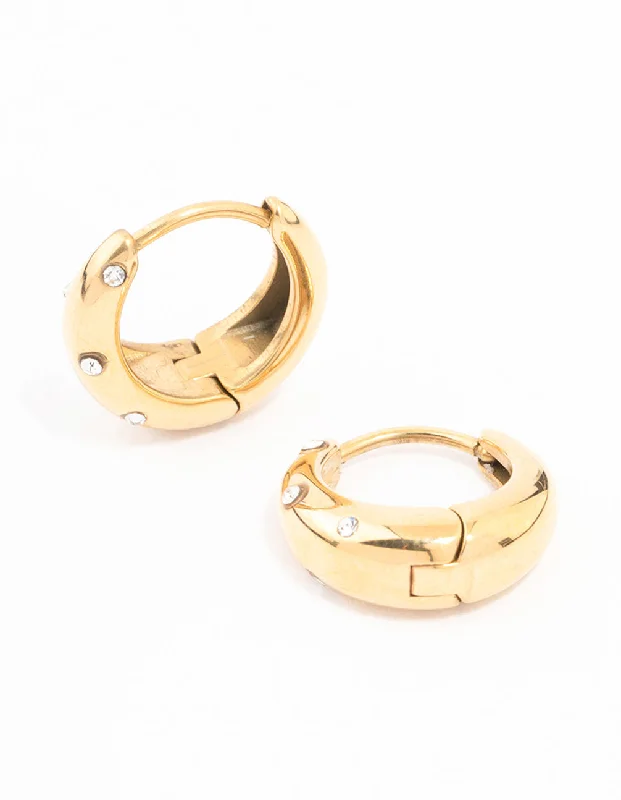 Silver ladies earrings for evening wear-Waterproof Gold Plated Stainless Steel Crystal Huggie Hoop Earrings