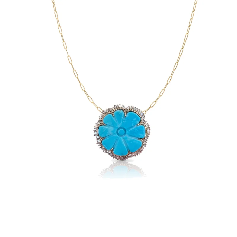 Elegant chain ladies necklaces-14k Turquoise Flower Necklace