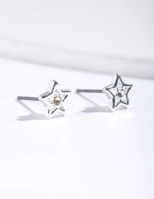 Small ladies earrings for casual wear-Silver Diamante Star Stud Earrings