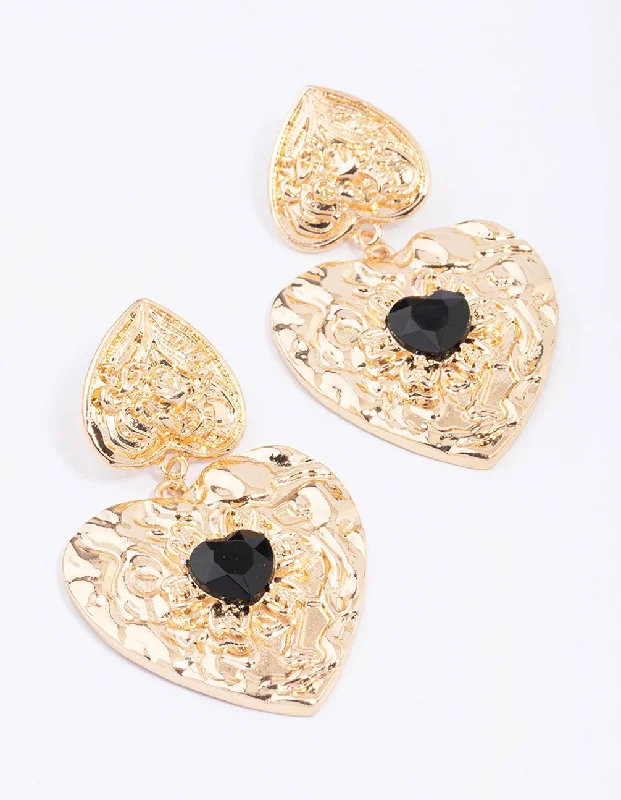 Dangle ladies earrings for parties-Gold Double Heart Stone Drop Earrings