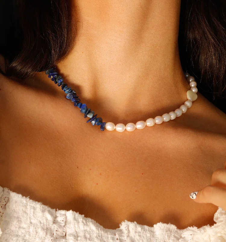 Gold ladies necklaces with diamonds-Pearl Choker Necklace With Lapis