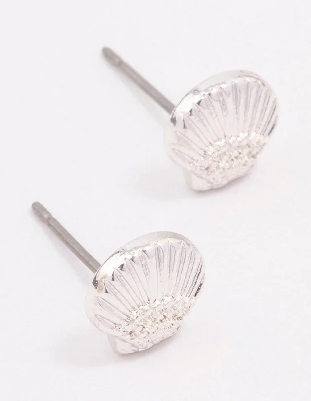 Handcrafted ladies earrings with gemstones-Silver Clam Shell Stud Earrings