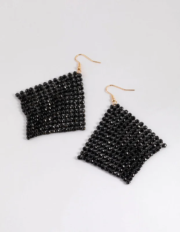 Long drop earrings for fashion-Black Diamante Chainmail Drop Earrings