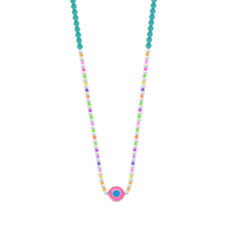 Women's necklaces with large pendants-Enameled Neon Pink Evil Eye Disk on Beaded Necklace