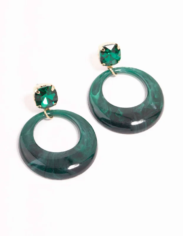 Rose gold stud earrings for women-Green Acrylic Circle & Diamante Drop Earrings