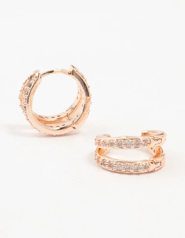 Layered gold ladies earrings-Rose Gold Plated Pave Mini Hoop Earrings