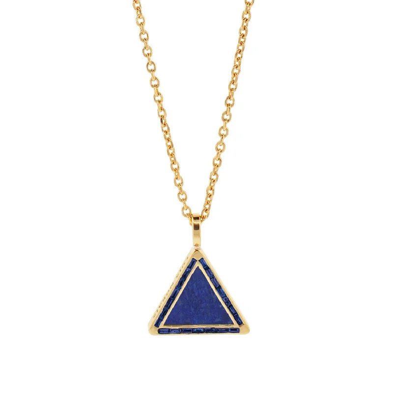 Sterling silver ladies necklaces-Lapis Triangle Pendant Necklace with Sapphire Baguettes