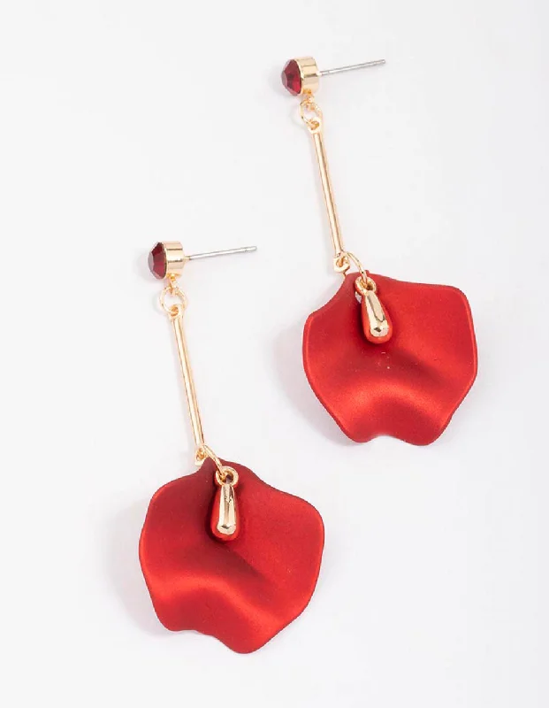 Simple stud ladies earrings-Gold & Red Pearlised Petal Drop Earrings