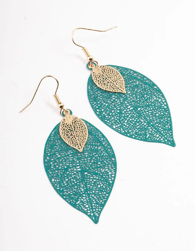 Unique ladies earrings for weddings-Green Double Leaf Drop Earrings