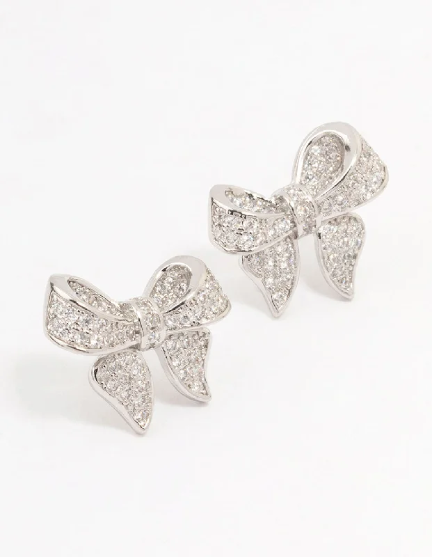 Gold ladies earrings for daily wear-Silver Cubic Zirconia Small Bow Stud Earrings