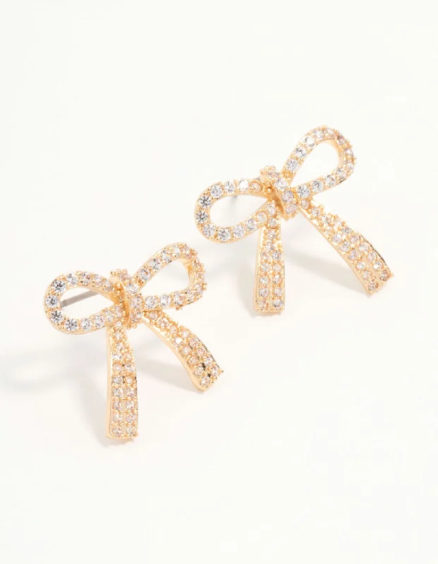 Vintage style ladies earrings-Gold Cubic Zirconia Bow Stud Earrings