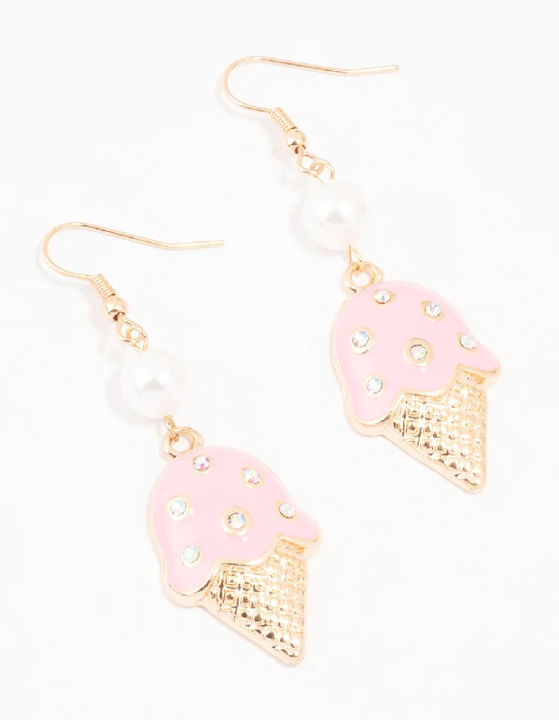 Designer ladies earrings for special occasions-Gold Pearl & Pink Ice Cream Drop Earrings