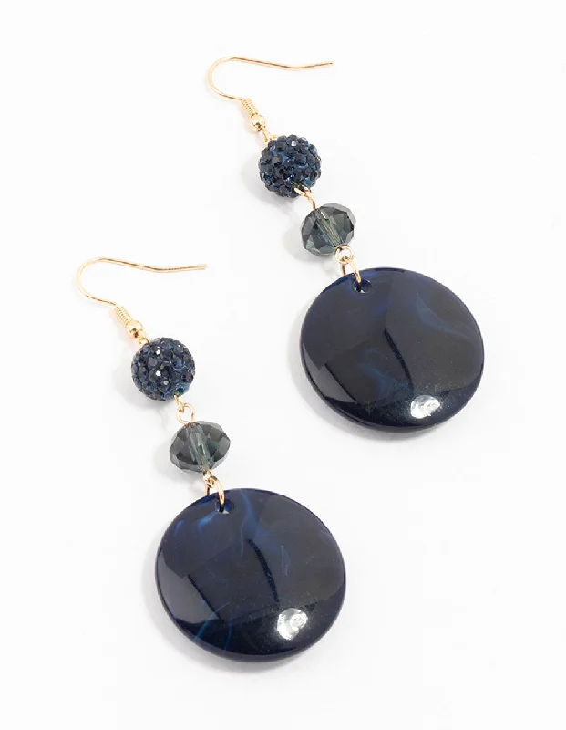 Silver ladies earrings for evening wear-Gold & Black Fireball Marble Disc Drop Earrings