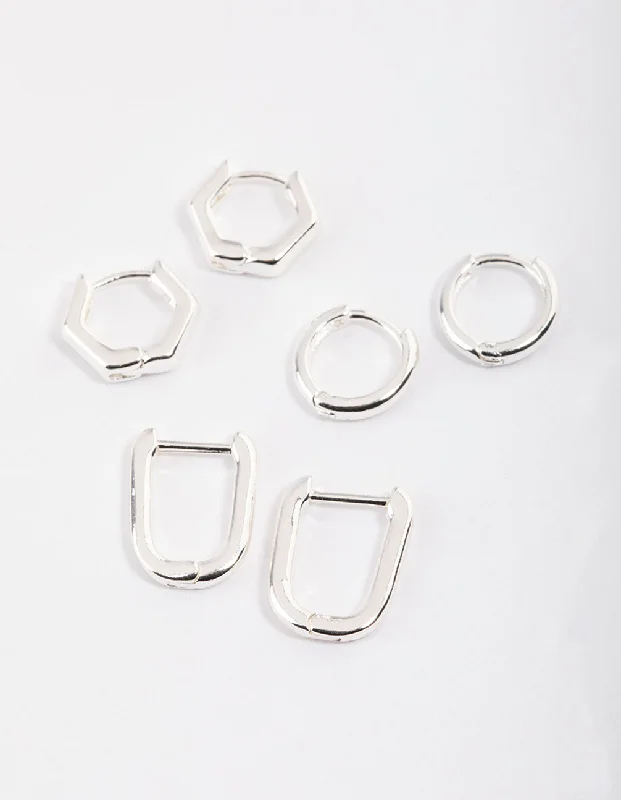 Minimalistic hoop ladies earrings-Silver Mini Shape Huggie Earrings Pack