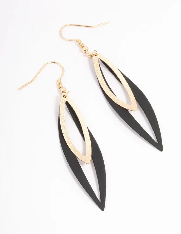 Elegant stud earrings for women-Black Foiled Double Leaf Drop Earrings