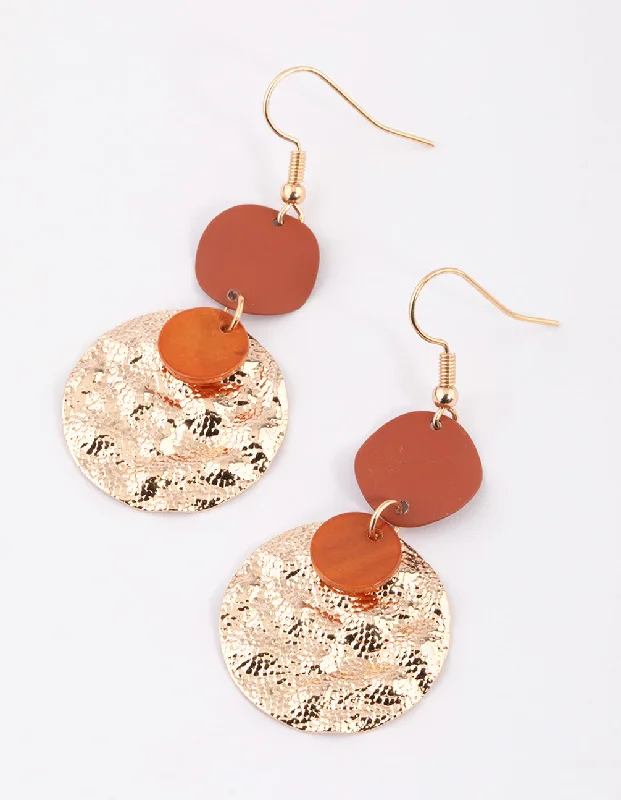 Luxury gold ladies earrings-Brown Mixed Wrap & Hammered Disc Drop Earrings