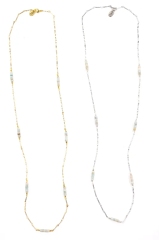 Custom gold ladies necklaces with initials-Boxcar Gemstone and Bar Chain Long Necklace