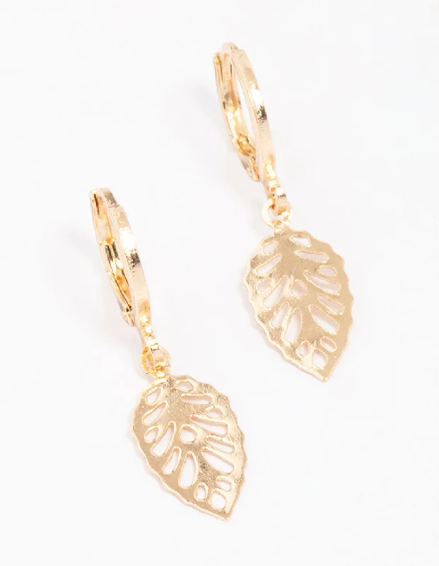 Trendy tassel ladies earrings-Gold Cut-Out Leaf Huggie Hoop Earrings