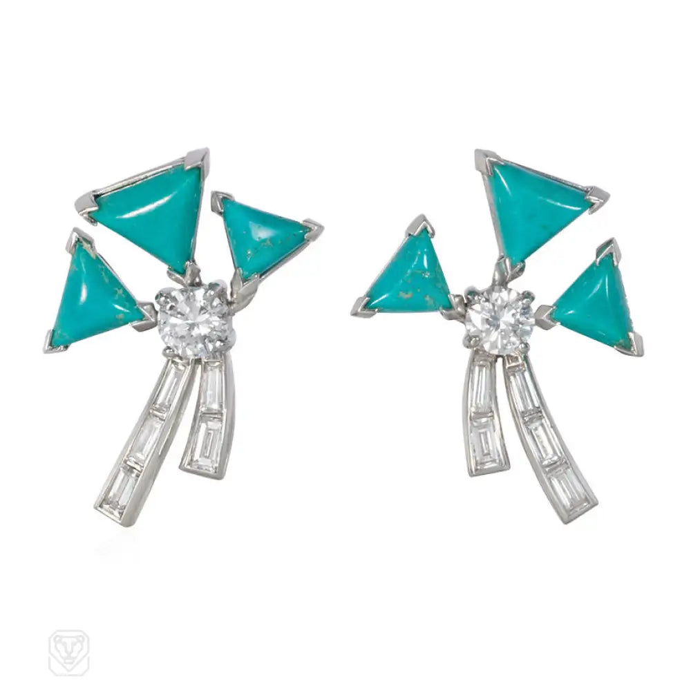 Classic pearl earrings for women-Art Deco turquoise and diamond bow motif earrings