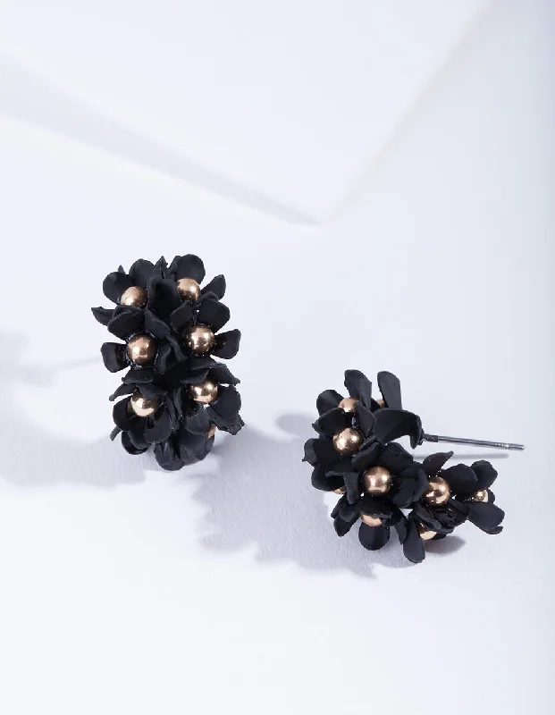 Exclusive designer ladies earrings-Black Mini Flower Cluster Hoop Earrings