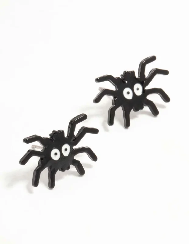 Elegant drop earrings for women-Black Spider Face Coated Metal Stud Earrings