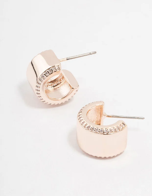 Personalized ladies earrings with initials-Rose Gold Plated Cubic Zirconia Chunky Pave Side Hoop Earrings