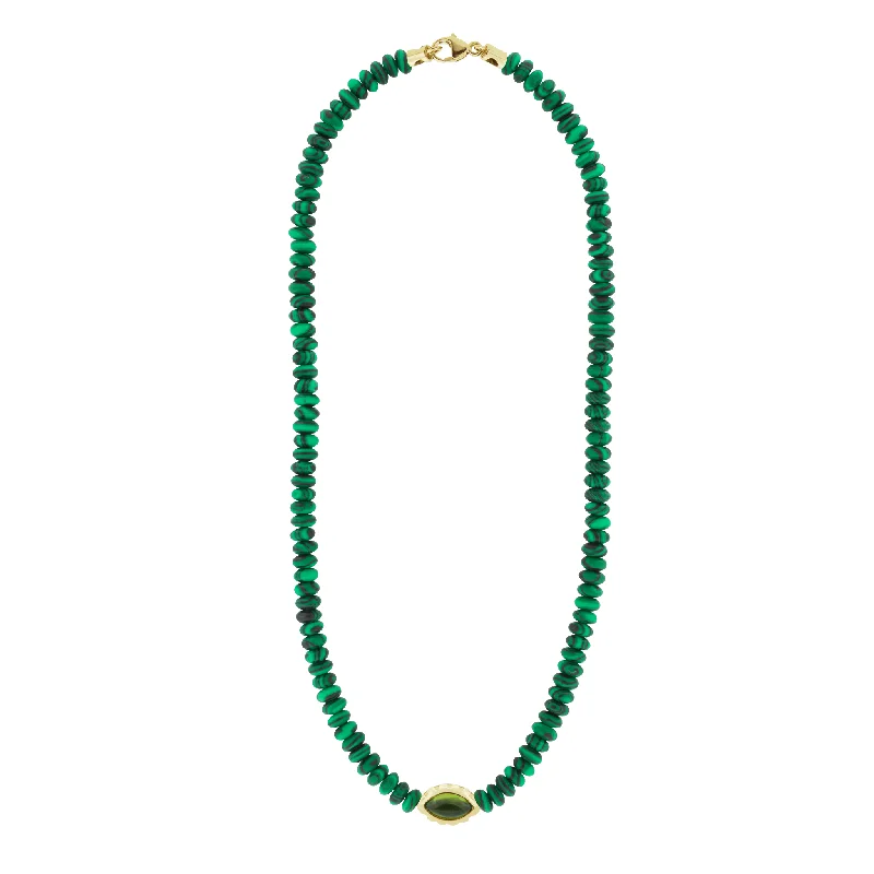 Stackable ladies necklaces for layering-Peridot Eye of the Idol on Malachite Beaded Necklace