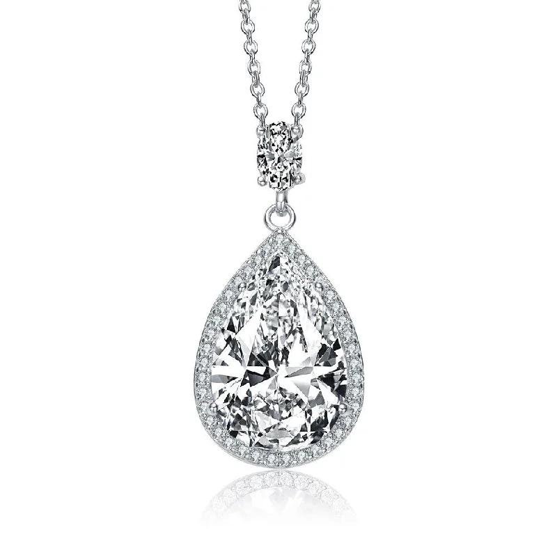 Luxury gemstone ladies necklaces-.925 Sterling Silver With Rhodium Plated Clear Pear With Oval And Round Cubic Zirconia Accent Drop Necklace