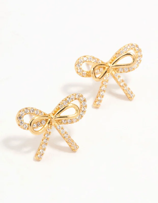 Heart-shaped ladies earrings for love-Real Gold Plated Pave Set Cubic Zirconia Halo Bow Stud Earrings