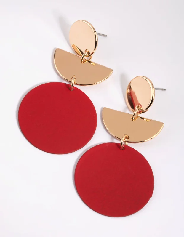 Crystal ladies earrings for parties-Red Geometric Disc Drop Earrings