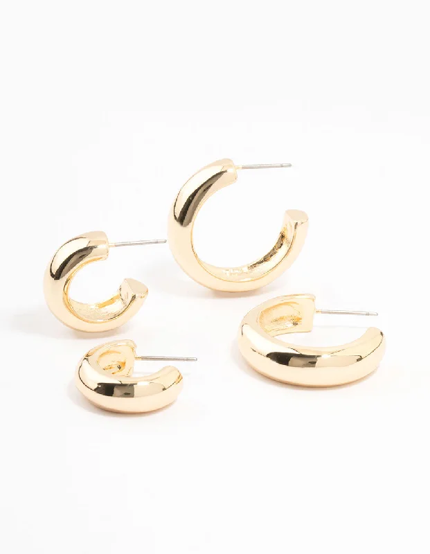 Vintage gemstone earrings-Gold Plated Chunky Hoop Earrings 2-Pack