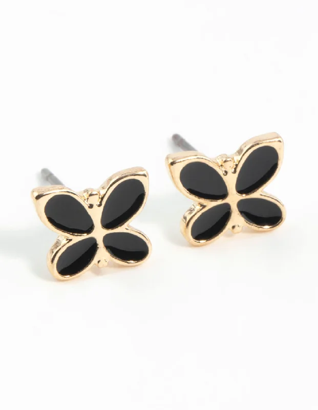 Stud ladies earrings with diamonds-Black Butterfly Enamel Stud Earrings