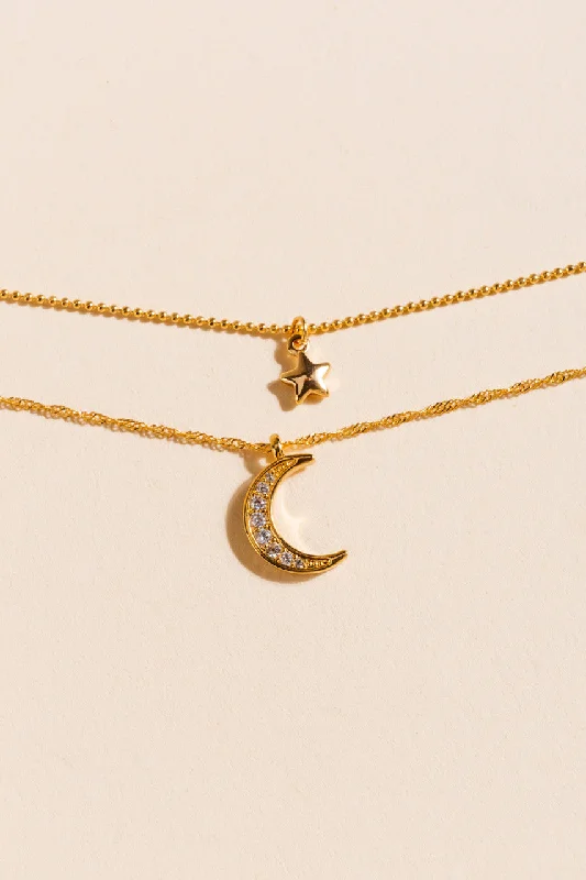 Custom engraved ladies necklaces-Layered Star and Moon Necklace