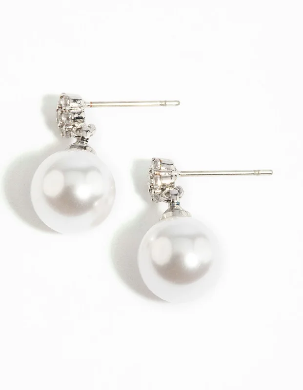 Vintage style ladies earrings-Silver Cubic Zirconia Pearl Drop Earrings