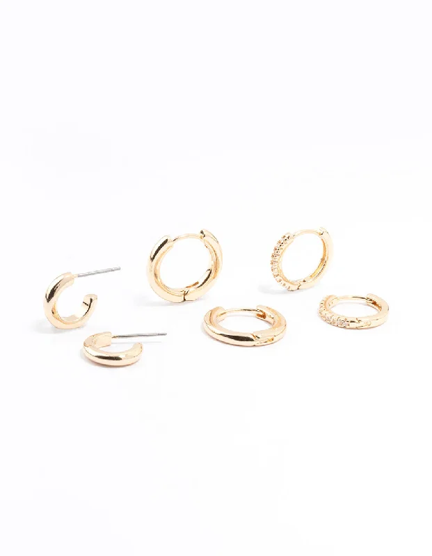 Large gemstone drop earrings-Gold Minimal Huggie Hoop Earrings 3-Pack