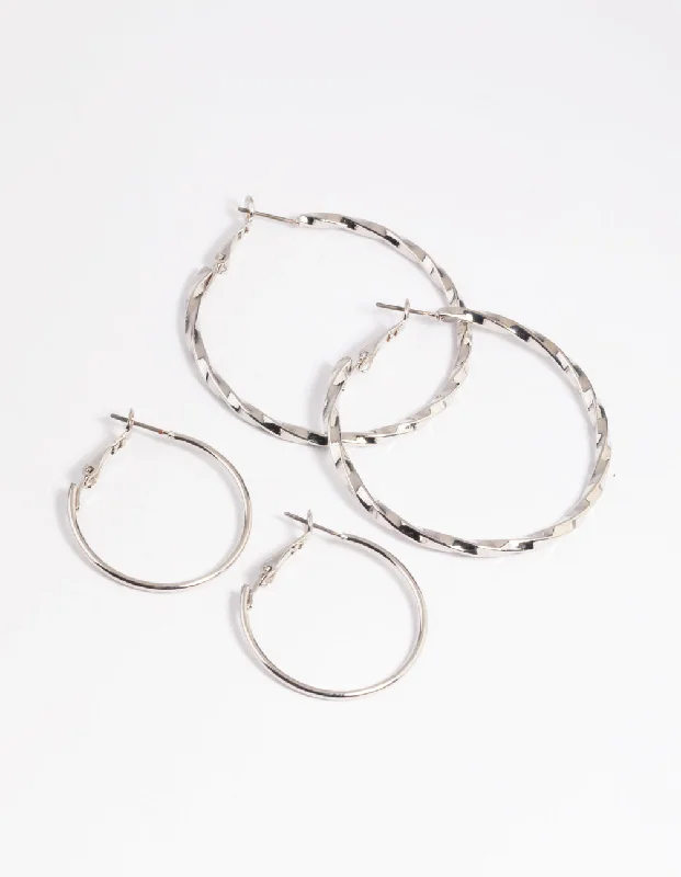 Silver hoop ladies earrings-Silver Plain Text Hoop Earring Set