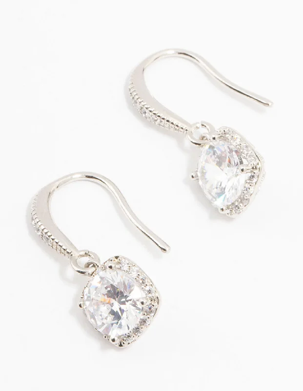 Unique design gold earrings for women-Silver Cubic Zirconia Square Drop Earrings