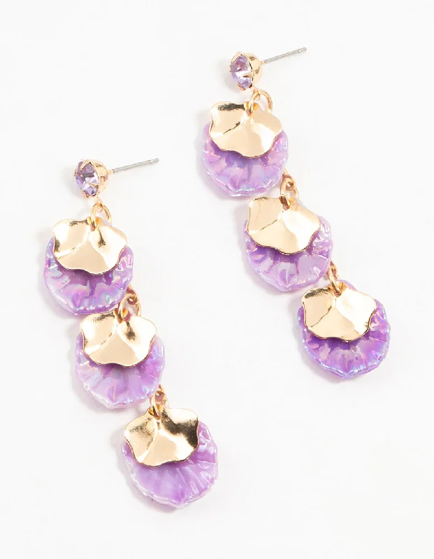 Luxury diamond earrings for women-Purple Acrylic Pearlised Petal Drop Gold Earrings