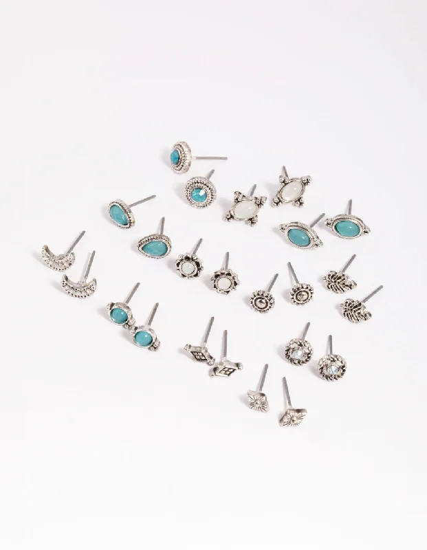 Modern crystal ladies earrings-Antique Silver Moon Stud Earring 12-Pack