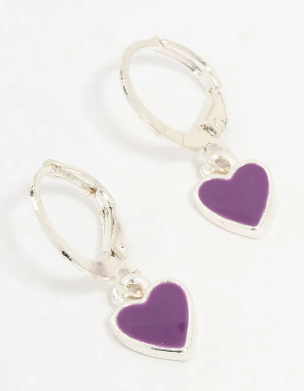 Bold gemstone ladies earrings-Silver Drop Purple Heart Huggie Earrings