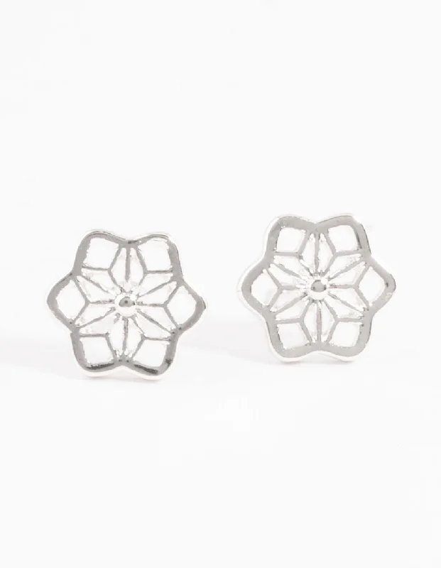 High-end ladies earrings with gemstones-Silver Geometric Flower Stud Earrings